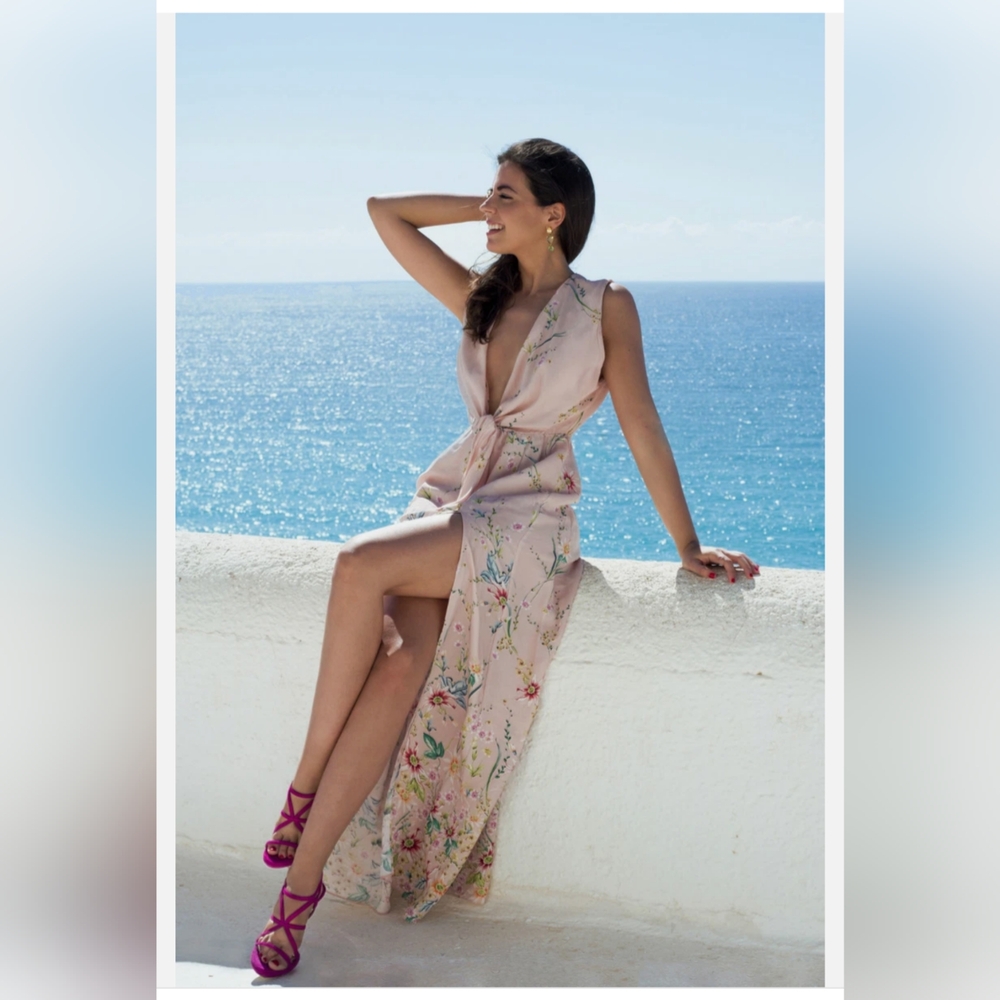 Zara Women Floral Pink Maxi Dress with Side Slit